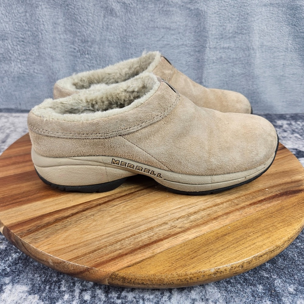 Merrell Primo Chill Slide Shoes Womens 5.5 Natural Suede Faux Fur Slip On Clogs